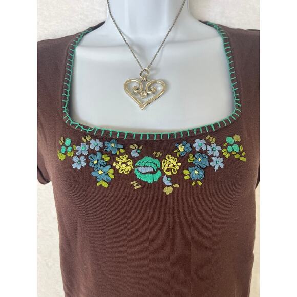 August Silk Brown Embroidered Short Sleeve Sweater Top Y2K sz XL Phoebe Buffay - Picture 3 of 7